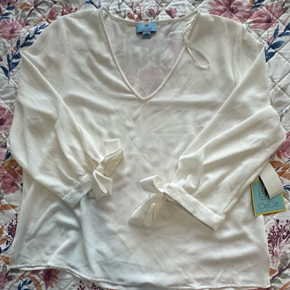 CeCe Women's White V-Neck Blouse with Tie Sleeves